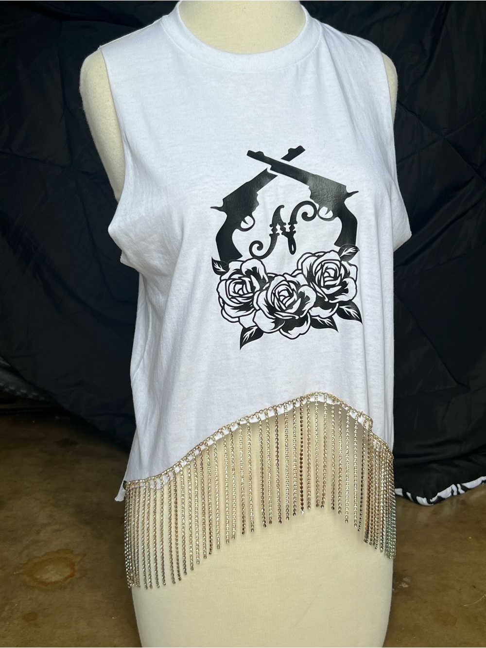 White Graphic Fringe Tank Top with Rhinestone Chains